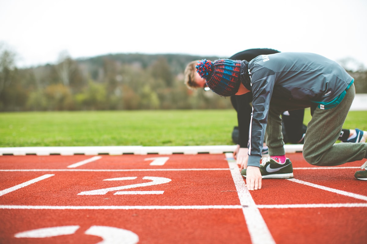 Sprint start blocks on an athletics track